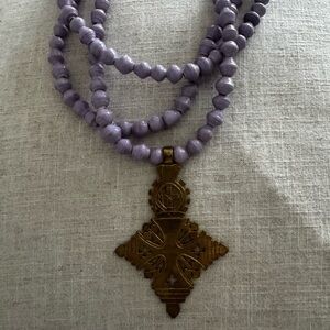 Purple Beaded Necklace with Gold Pendant
